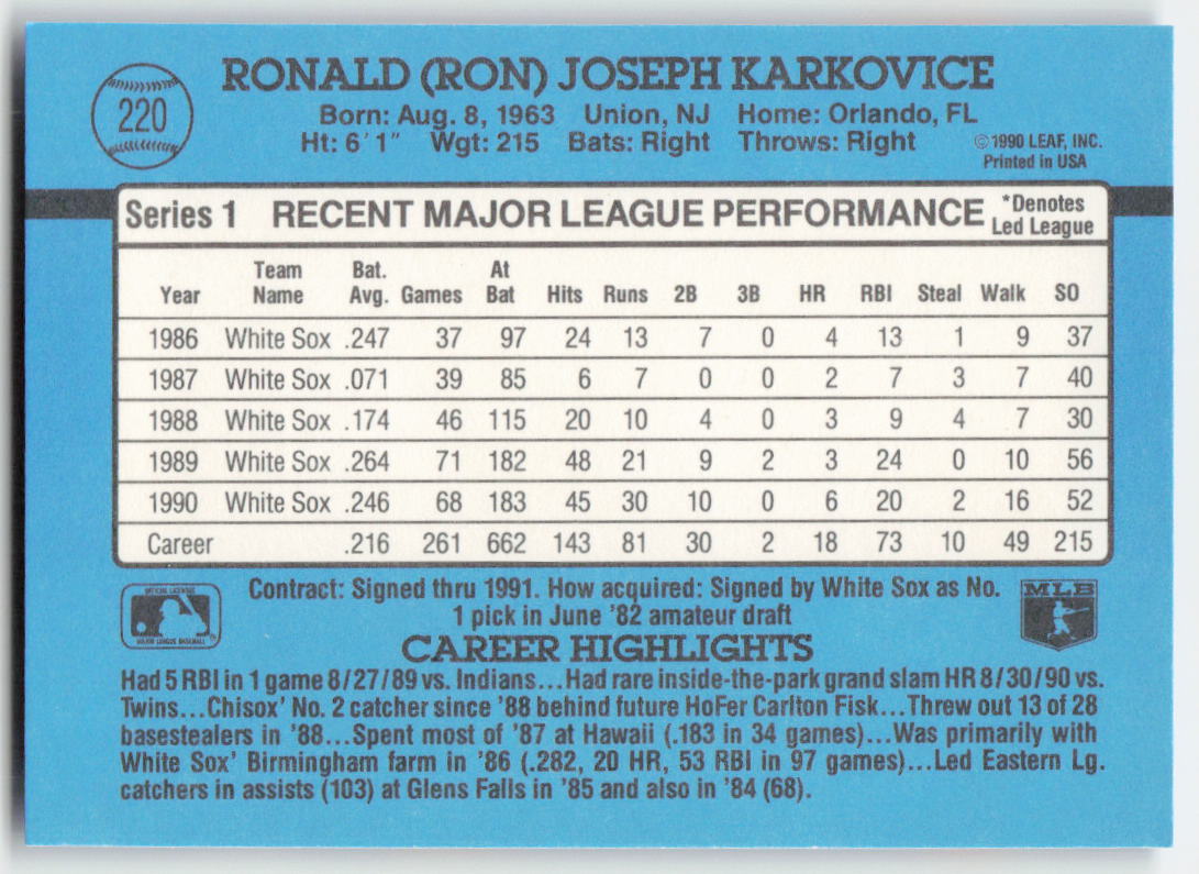 1991 Donruss #220 Ron Karkovice Chicago White Sox 1616