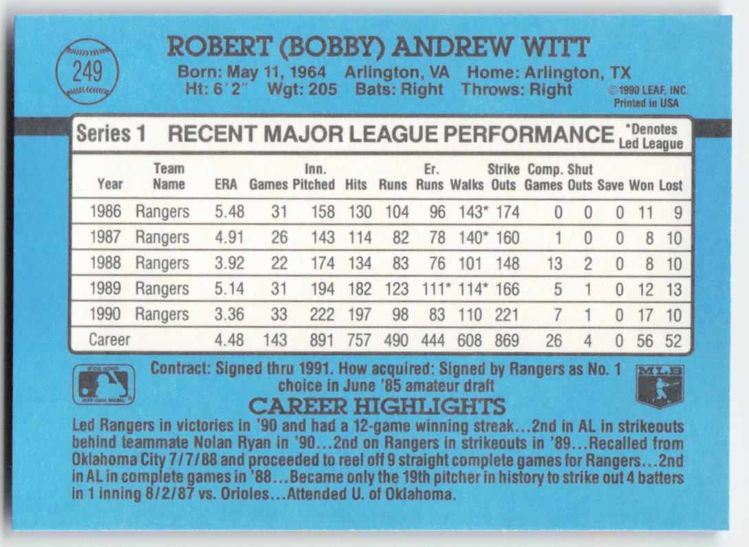 1991 Donruss #249 Bobby Witt Texas Rangers 1620