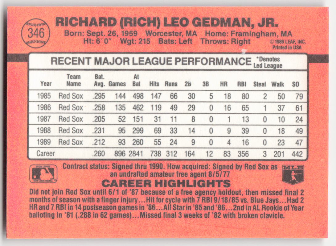 1990 Donruss #346 Rich Gedman Boston Red Sox 1622