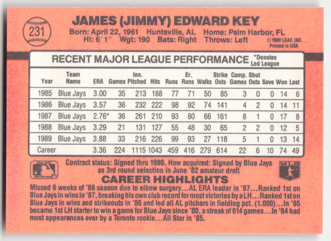 1990 Donruss #231 Jimmy Key Toronto Blue Jays 1623