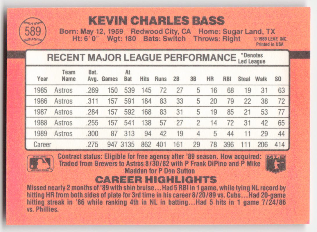 1990 Donruss #589 Kevin Bass Houston Astros 1624