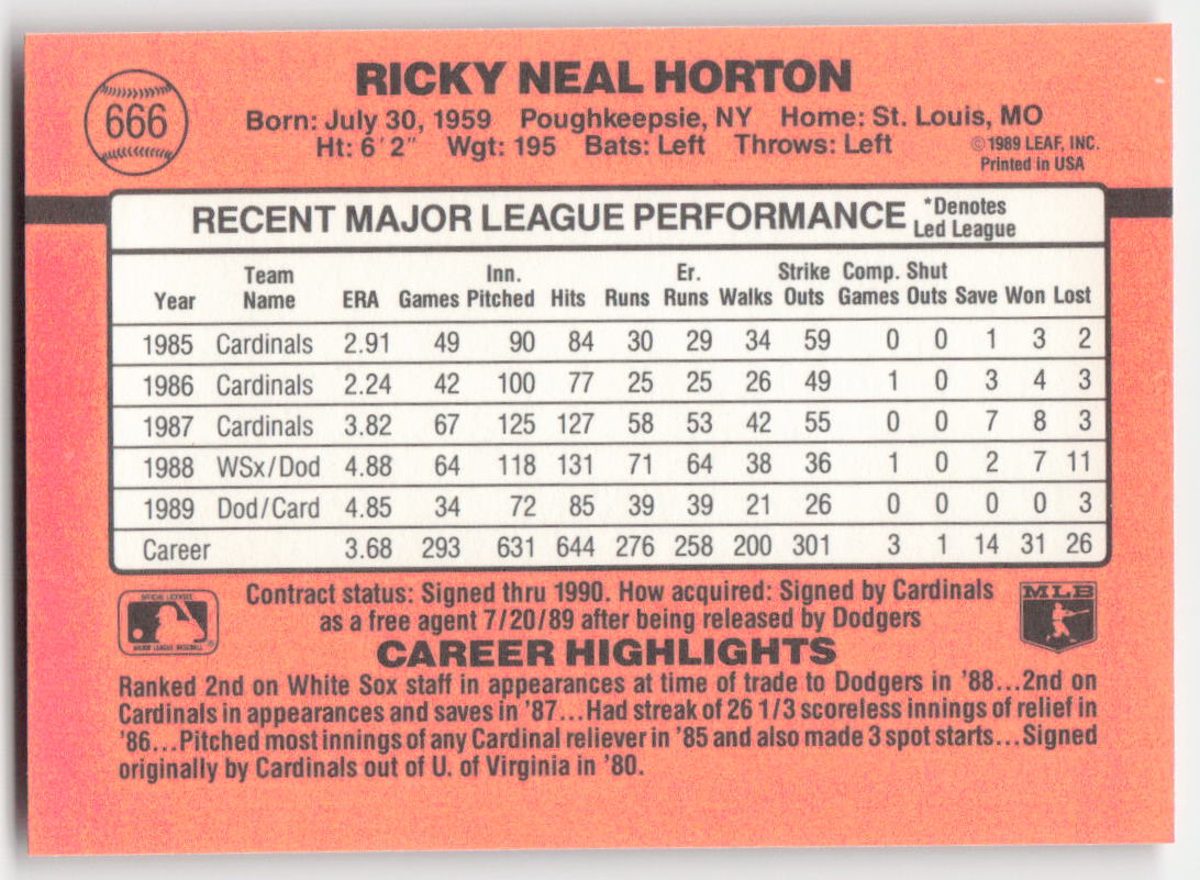 1990 Donruss #666 Ricky Horton St. Louis Cardinals 1627