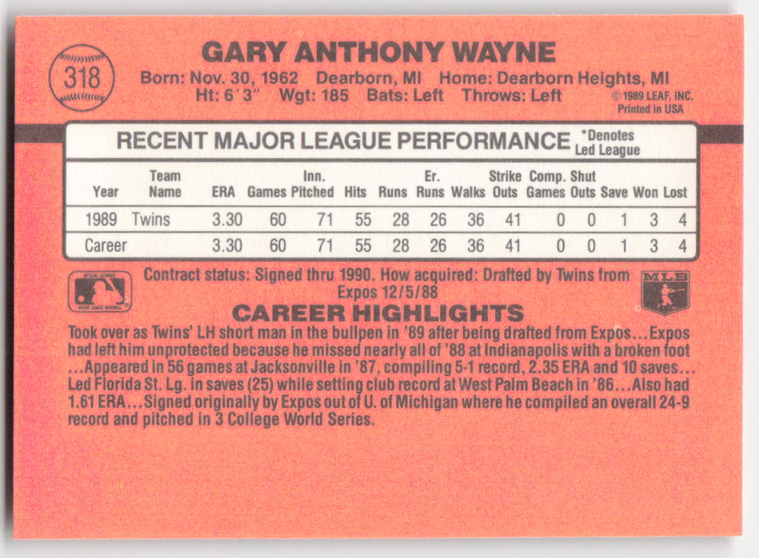 1990 Donruss #318 Gary Wayne Minnesota Twins Rookie 1628