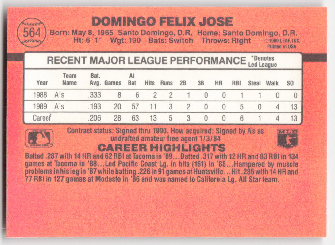 1990 Donruss #564 Felix Jose Oakland Athletics 1630