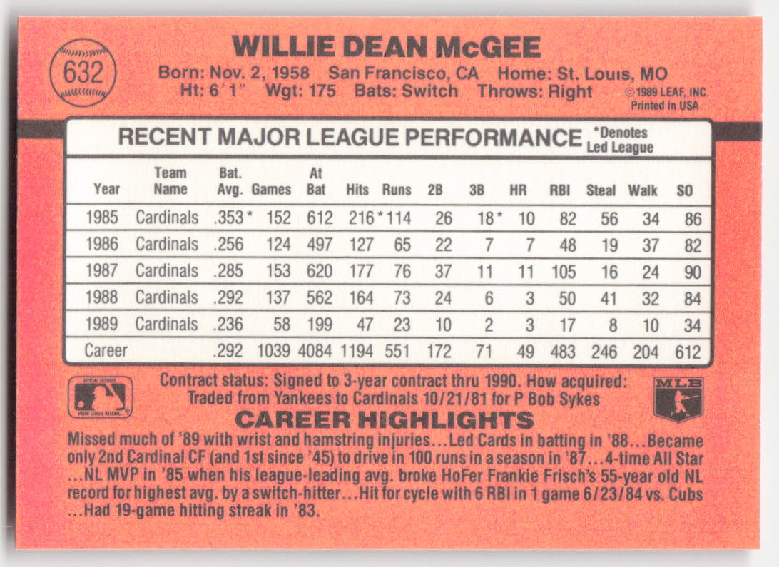 1990 Donruss #632 Willie McGee St. Louis Cardinals 1631