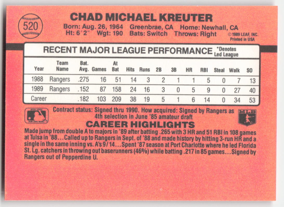 1990 Donruss #520 Chad Kreuter Texas Rangers 1632