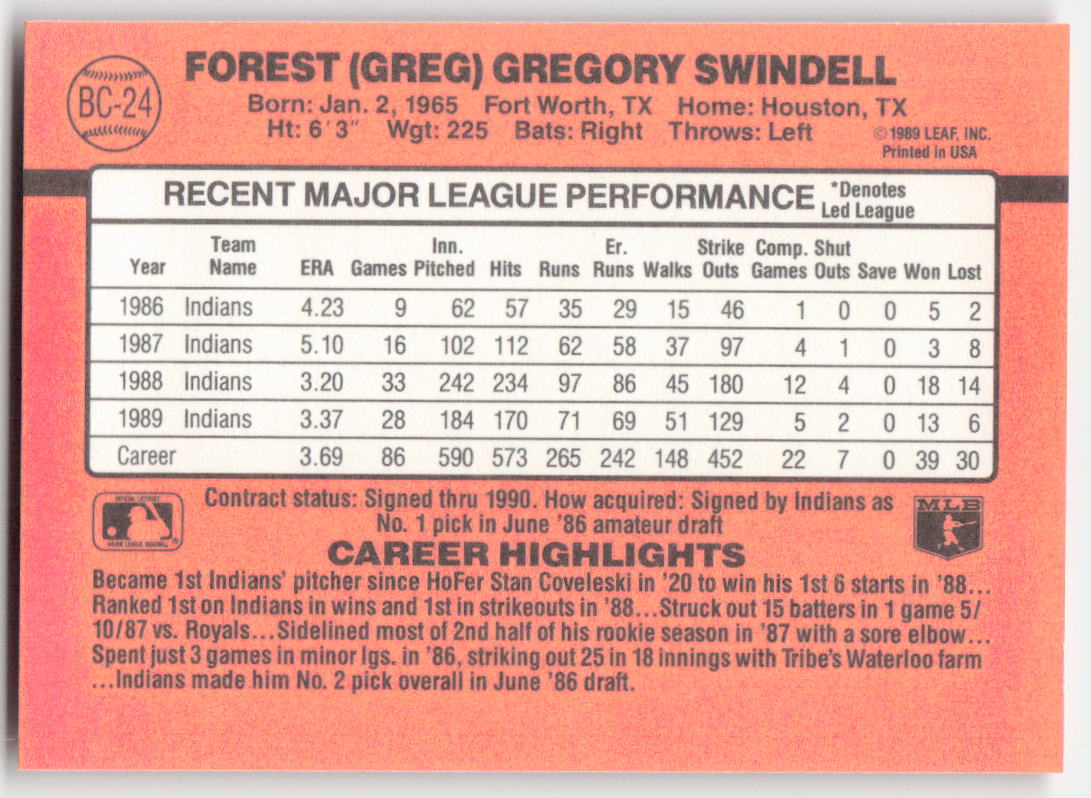 1990 Donruss #BC-24 Greg Swindell MVP Cleveland Indians 1636