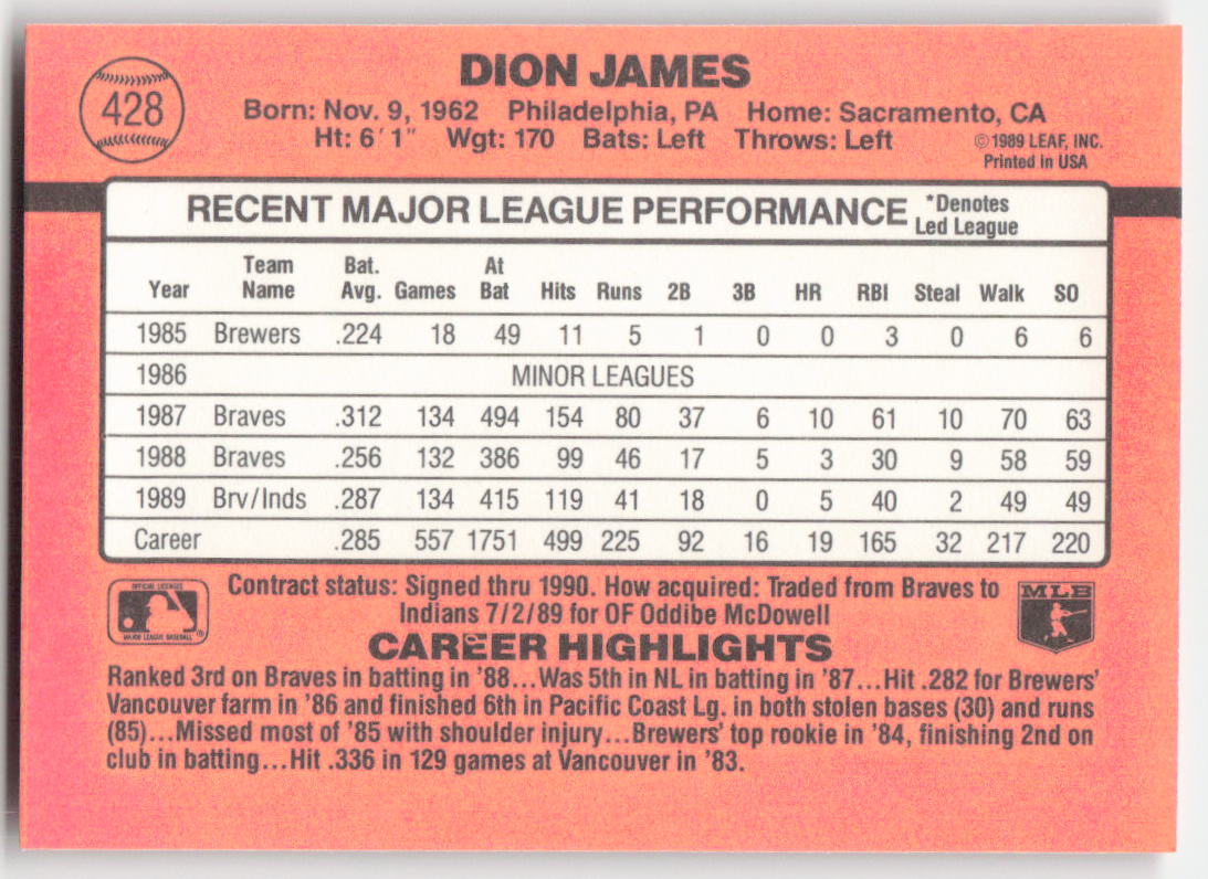 1990 Donruss #428 Dion James Cleveland Indians 1638