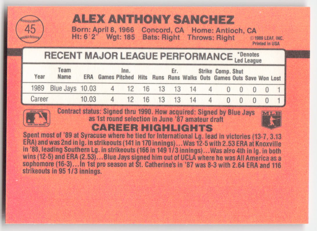 1990 Donruss #45 Alex Sanchez Toronto Blue Jays 1643