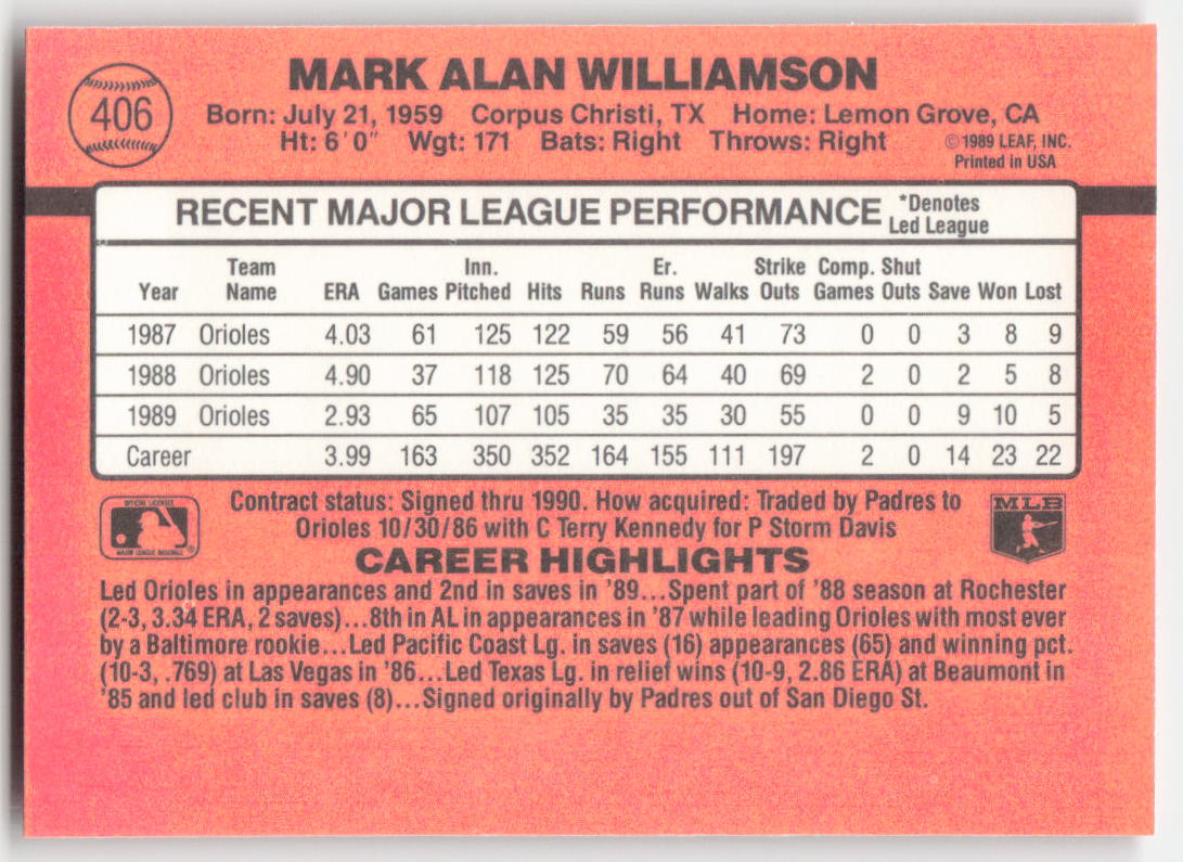 1990 Donruss #406 Mark Williamson Baltimore Orioles 1645