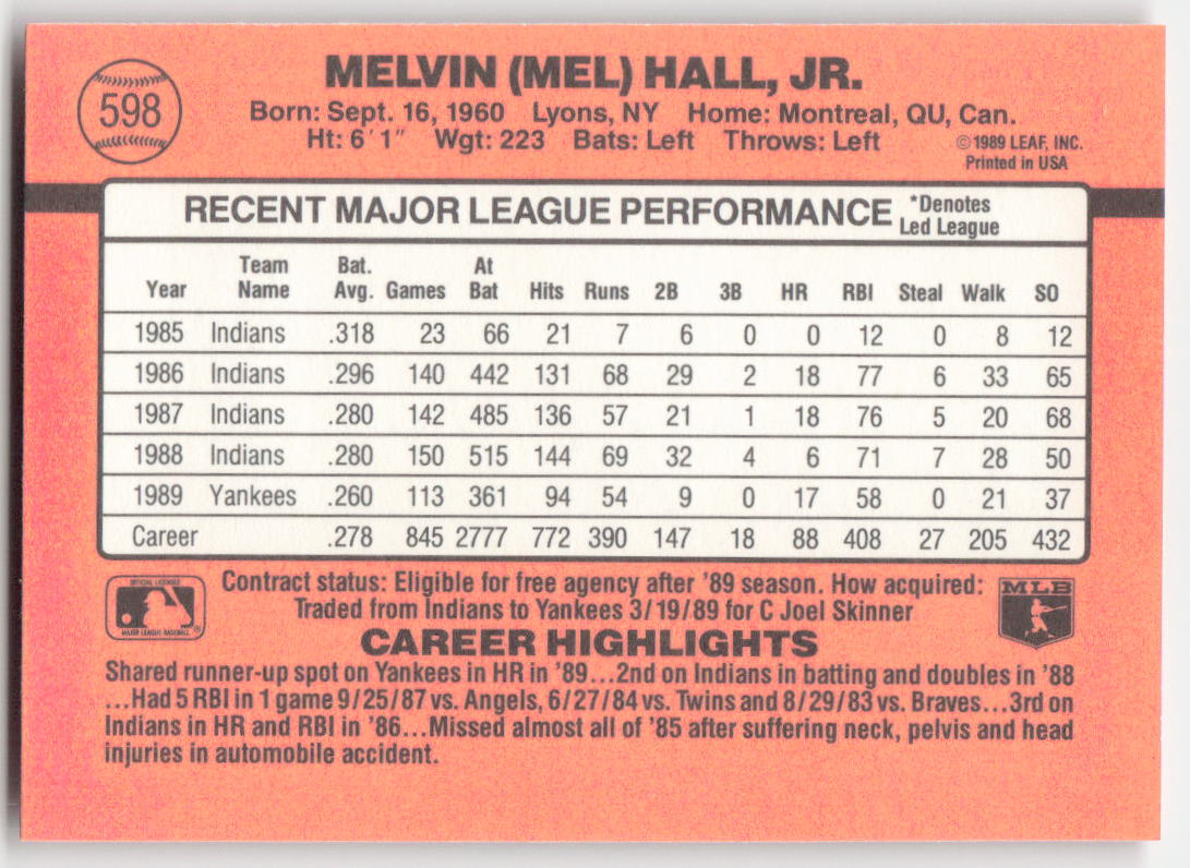 1990 Donruss #598 Mel Hall New York Yankees 1647