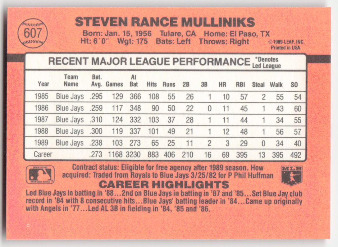 1990 Donruss #607 Rance Mulliniks Toronto Blue Jays 1649