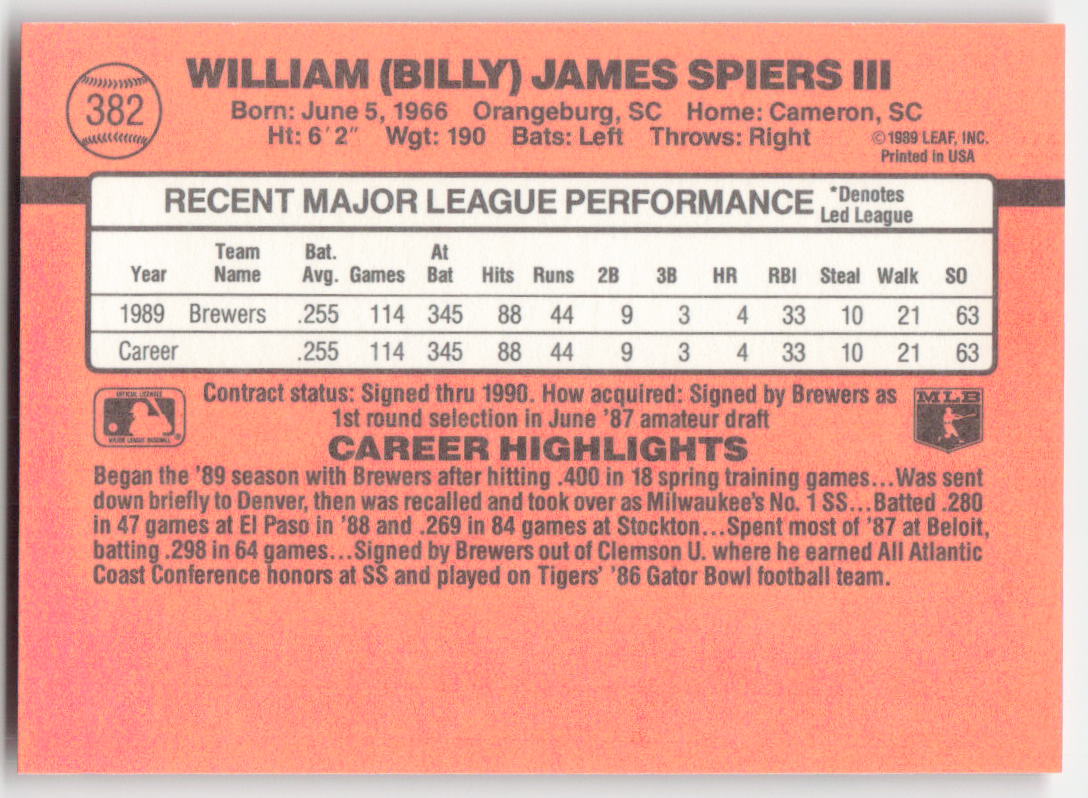 1990 Donruss #382 Bill Spiers Milwaukee Brewers 1651