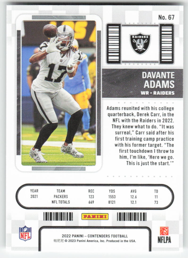 2022 Panini Contenders #67 Davante Adams Las Vegas Raiders 1662