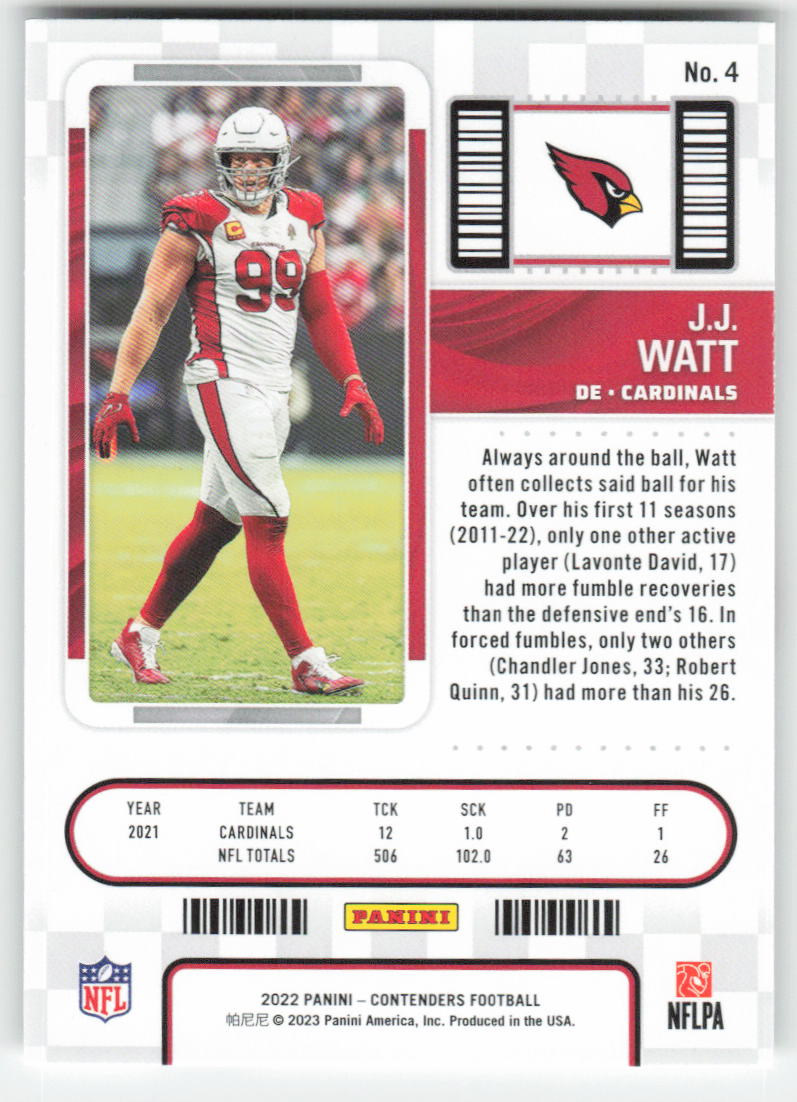 2022 Panini Contenders #4 J.J. Watt Arizona Cardinals 1668