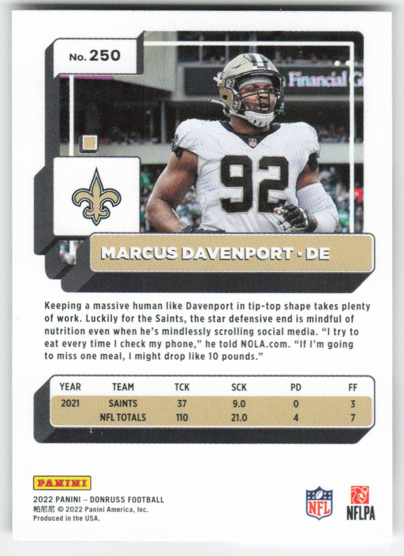 2022 Donruss #250 Marcus Davenport New Orleans Saints 1693