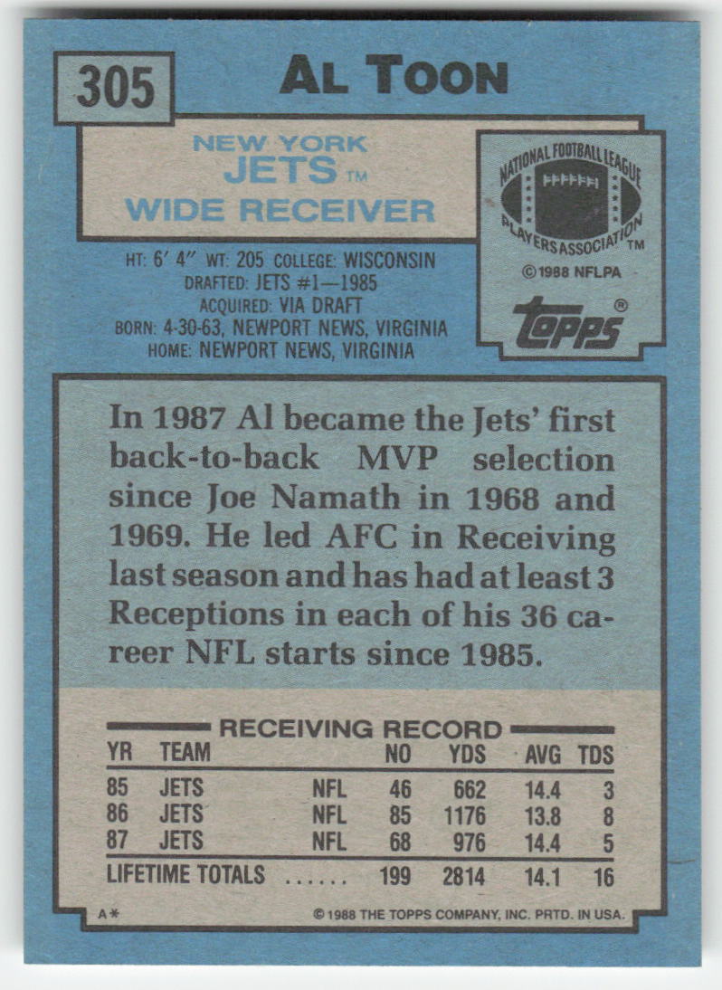 1988 Topps #305 Al Toon New York Jets FB1-51