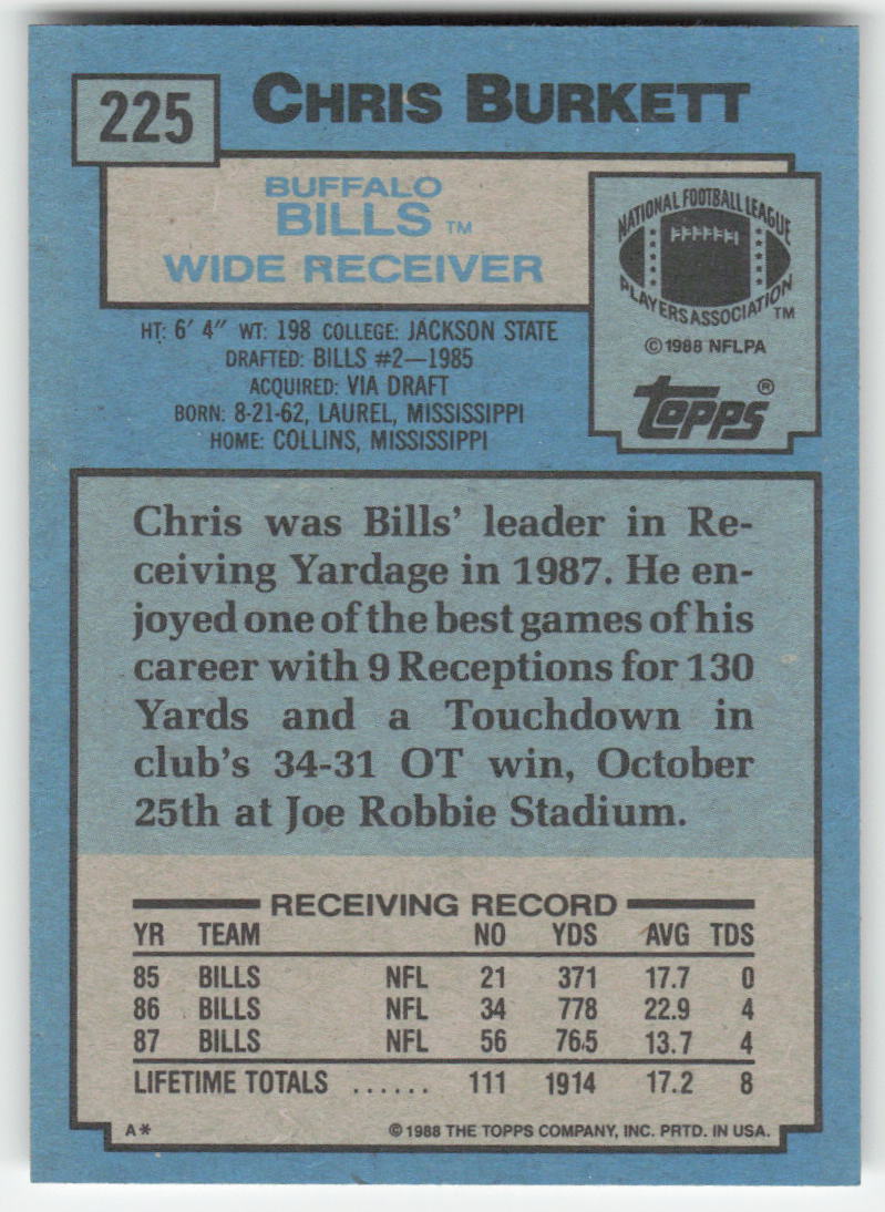 1988 Topps #225 Chris Burkett Buffalo Bills Rookie FB1-53