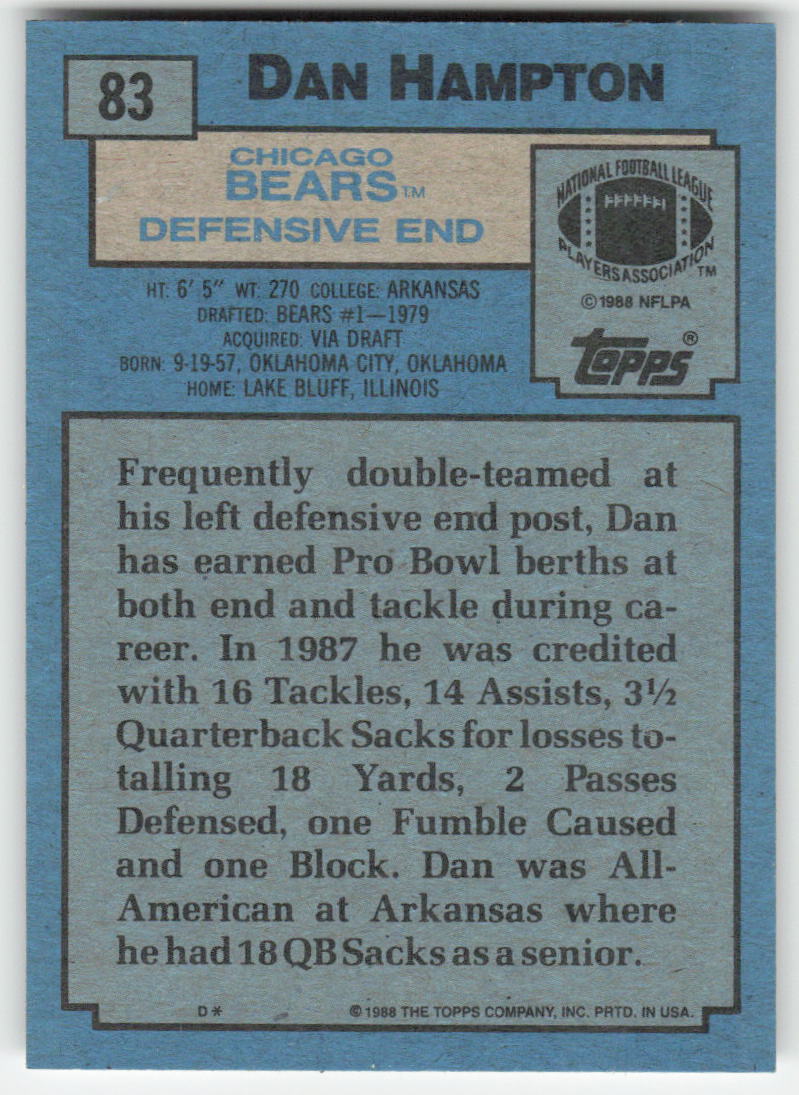 1988 Topps #83 Dan Hampton Chicago Bears FB1-54