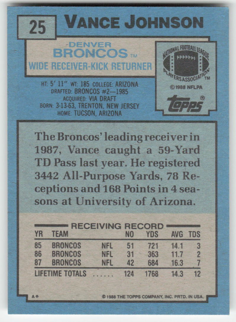 1988 Topps #25 Vance Johnson Denver Broncos FB1-55