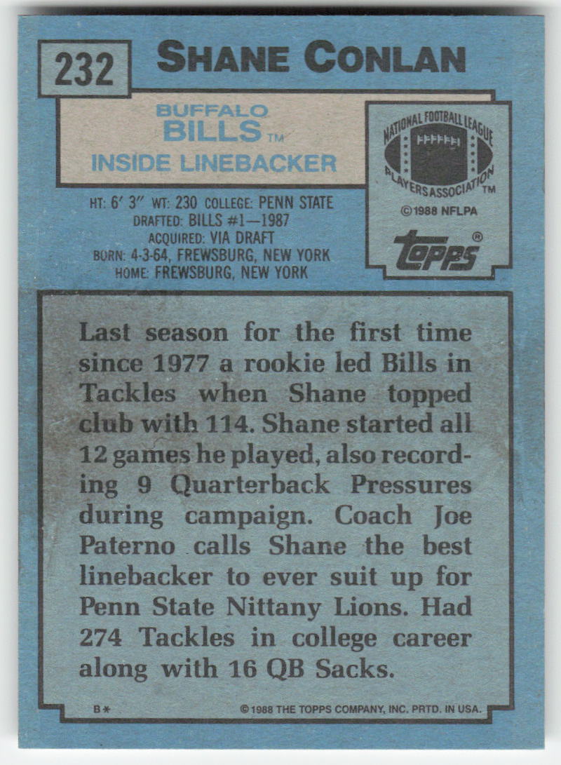 1988 Topps #232 Shane Conlan Buffalo Bills Rookie FB1-56