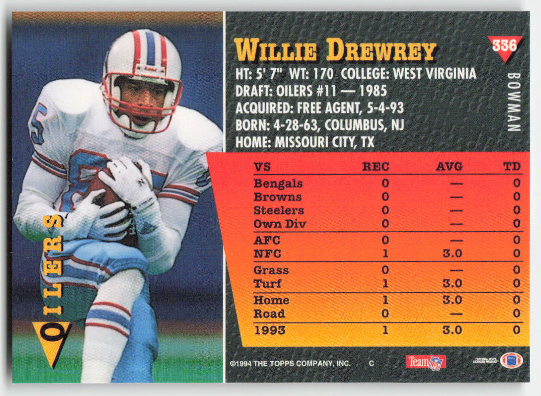 1994 Bowman #336 Willie Drewrey Houston Oilers FB1-74