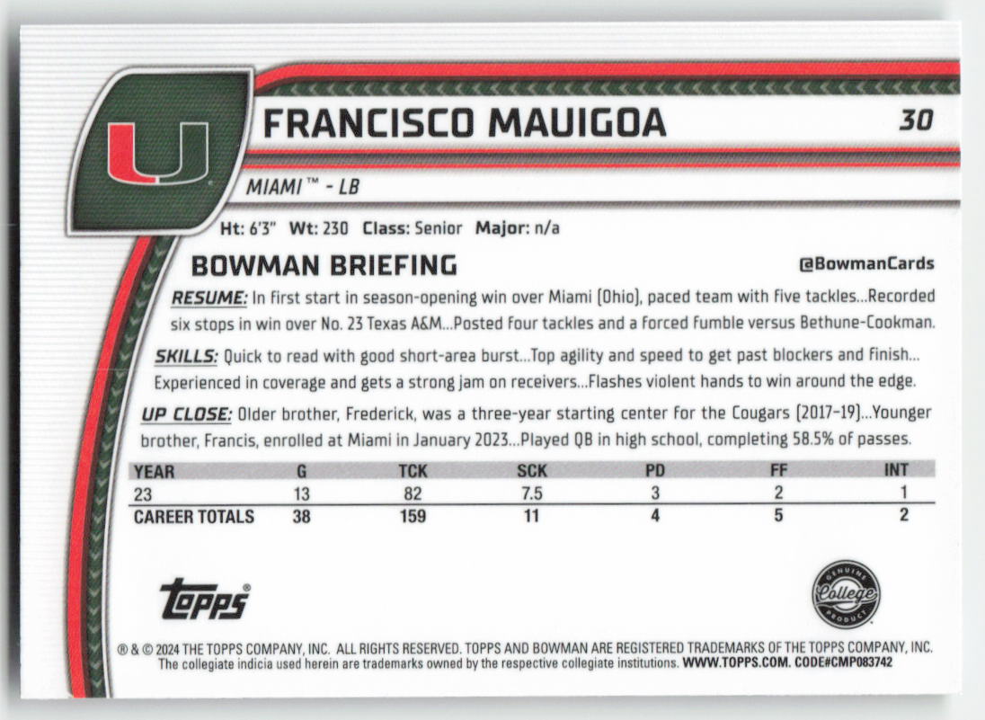 2024 Bowman University Chrome #30 Francisco Mauigoa Miami Hurricanes FB1-85