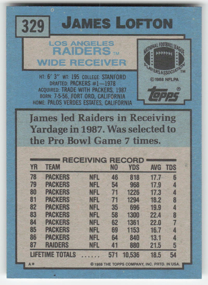 1988 Topps #329 James Lofton Los Angeles Raiders FB1-90