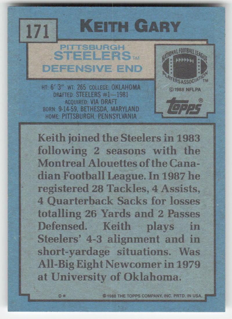 1988 Topps #171 Keith Gary Pittsburgh Steelers Rookie FB1-91
