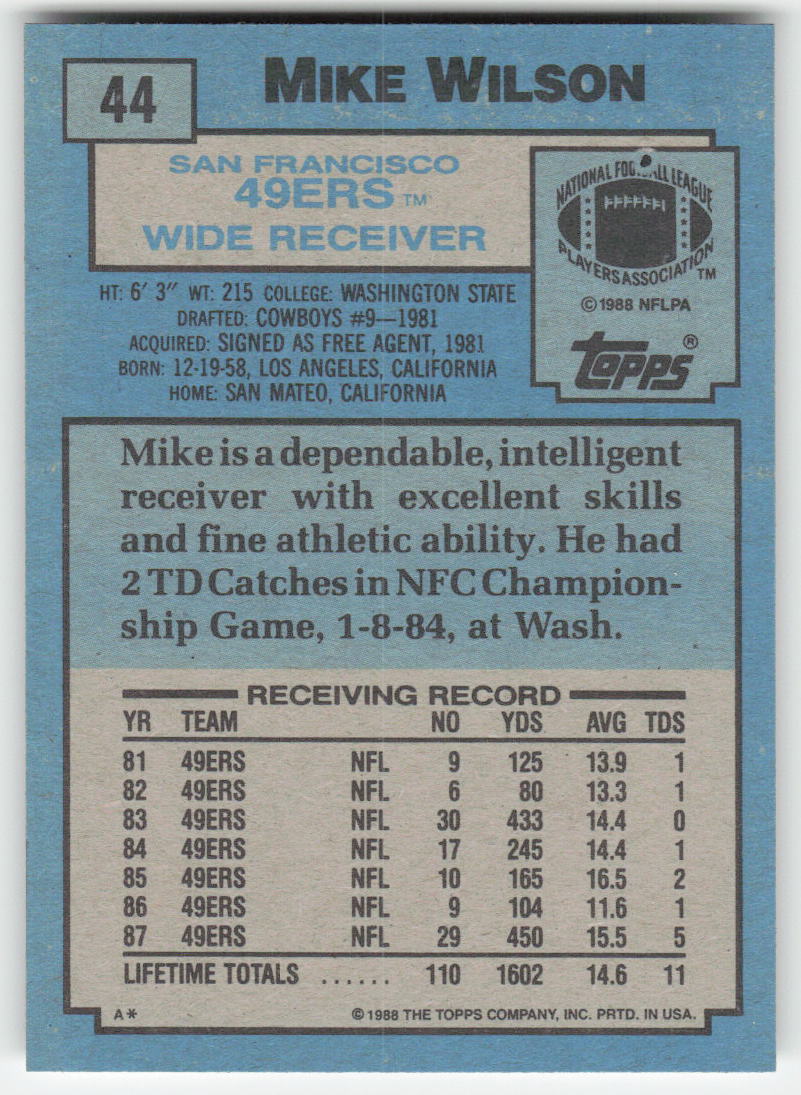 1988 Topps #44 Mike Wilson San Francisco 49ers Rookie FB1-92