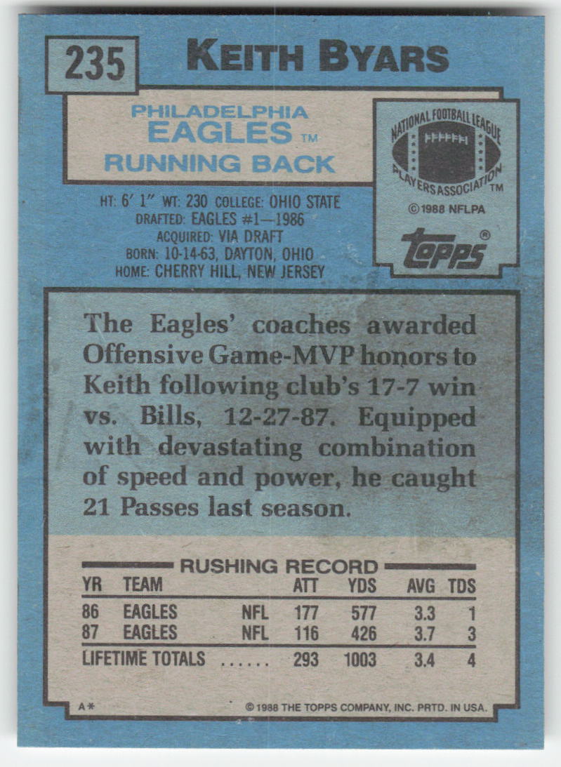 1988 Topps #235 Keith Byars Philadelphia Eagles FB1-93
