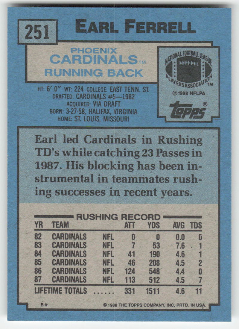 1988 Topps #251 Earl Ferrell Phoenix Cardinals FB1-96