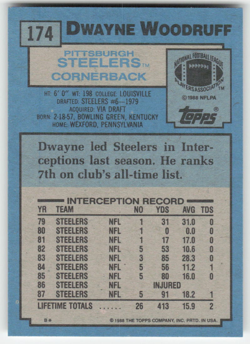 1988 Topps #174 Dwayne Woodruff Pittsburgh Steelers FB1-97