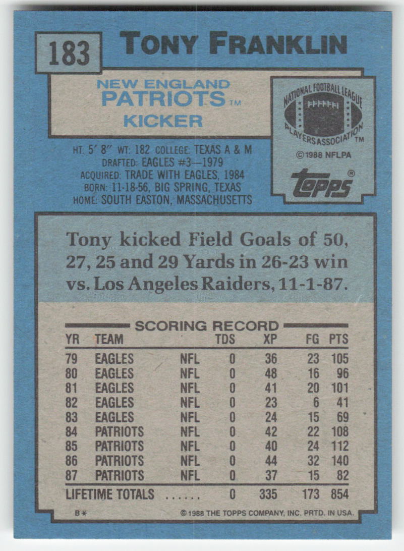 1988 Topps #183 Tony Franklin New England Patriots FB1-98