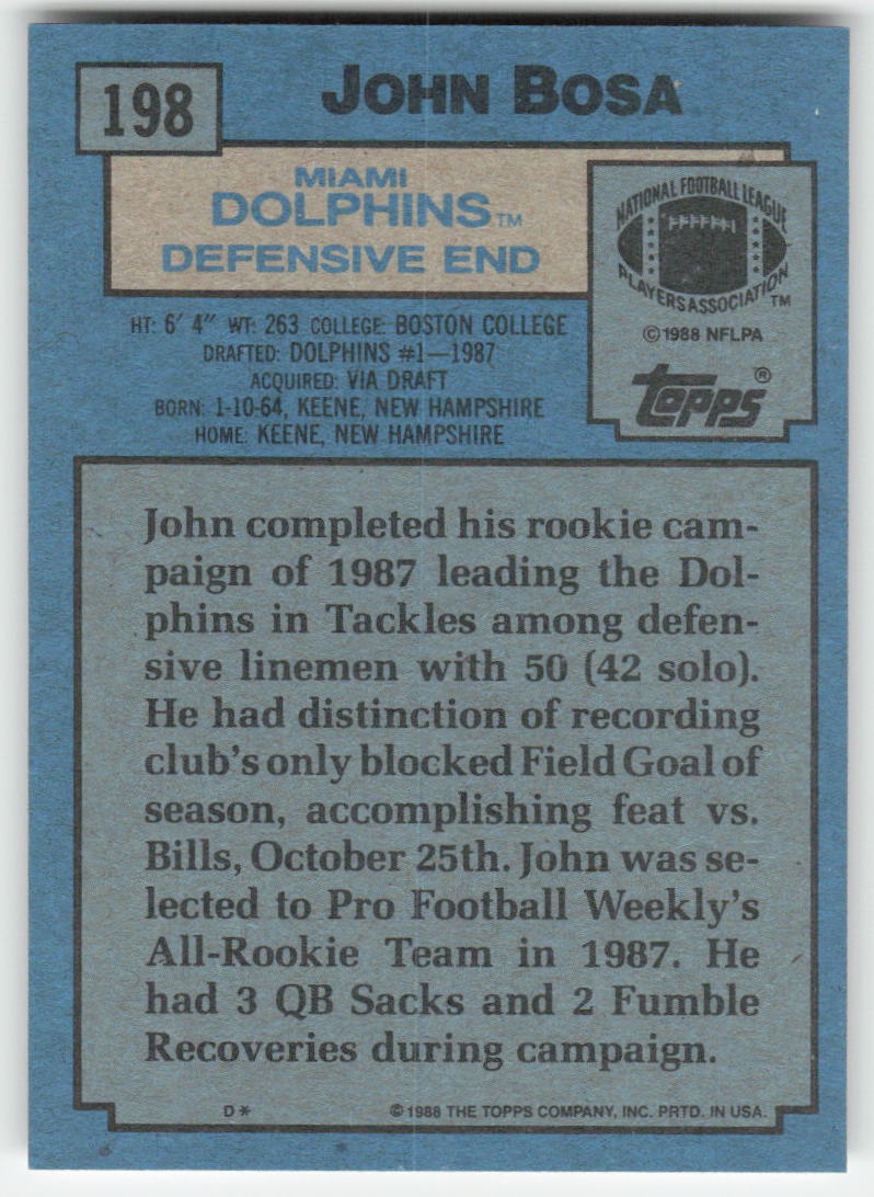 1988 Topps #198 John Bosa Miami Dolphins Rookie FB1-99