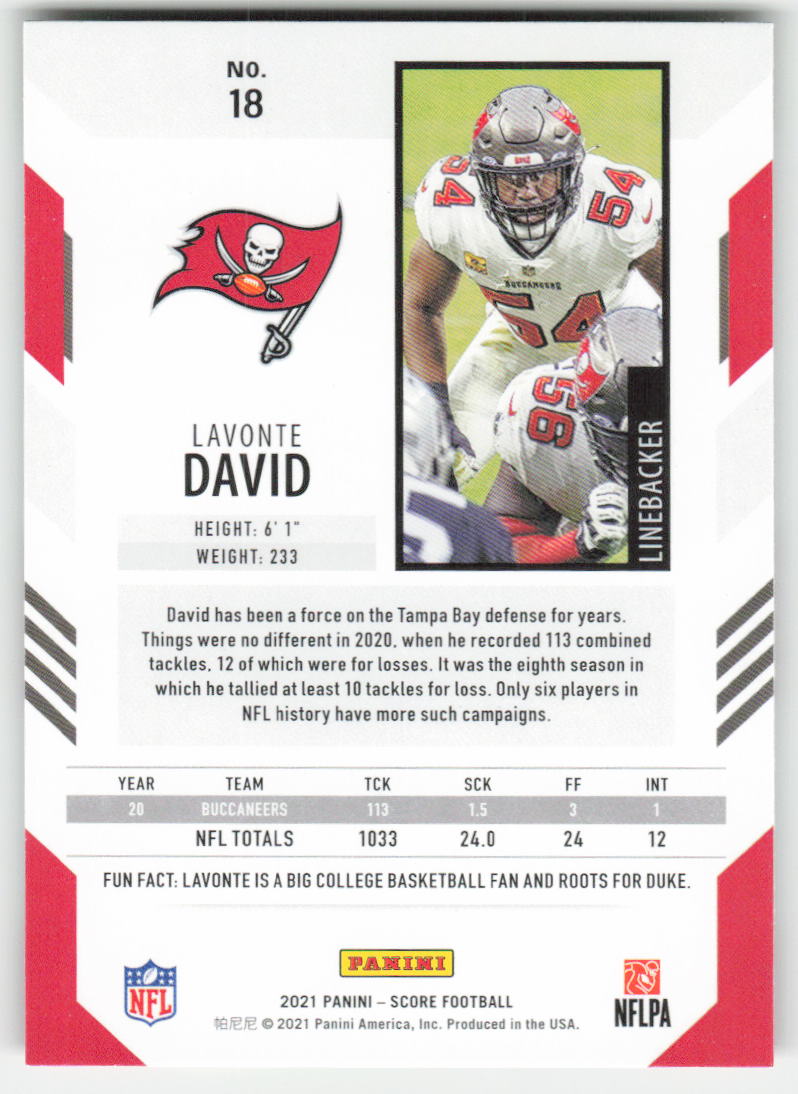 2021 Score #18 Lavonte David Tampa Bay Buccaneers FB1-201