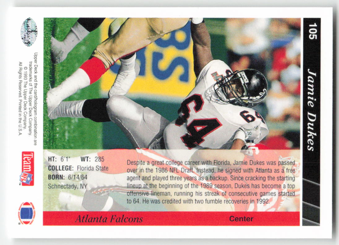1993 Upper Deck #105 Jamie Dukes Atlanta Falcons FB1-228