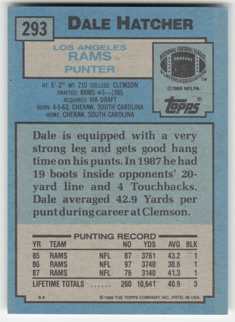 1988 Topps #293 Dale Hatcher Los Angeles Rams FB1-241