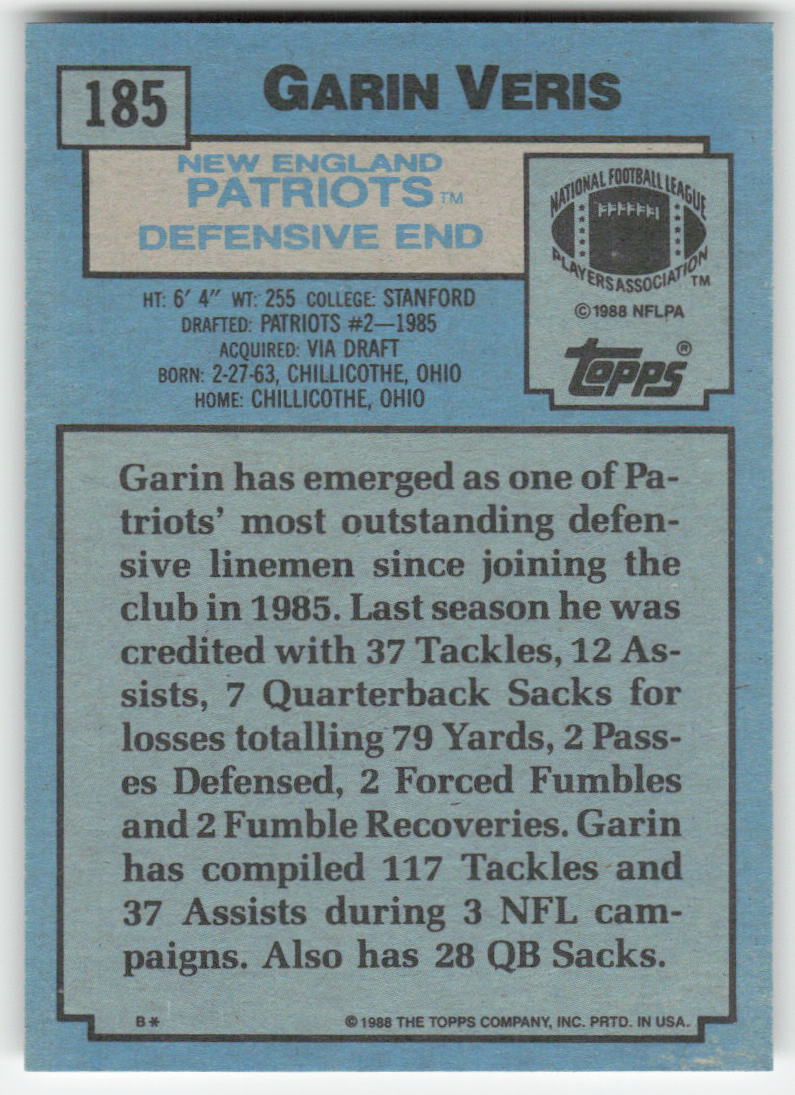 1988 Topps #185 Garin Veris New England Patriots FB1-242