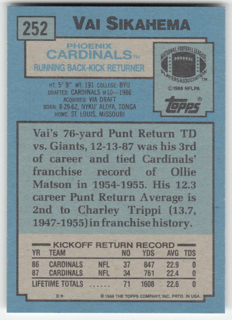 1988 Topps #252 Vai Sikahema Phoenix Cardinals FB1-244