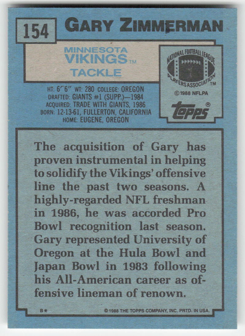 1988 Topps #154 Gary Zimmerman Minnesota Vikings FB1-245