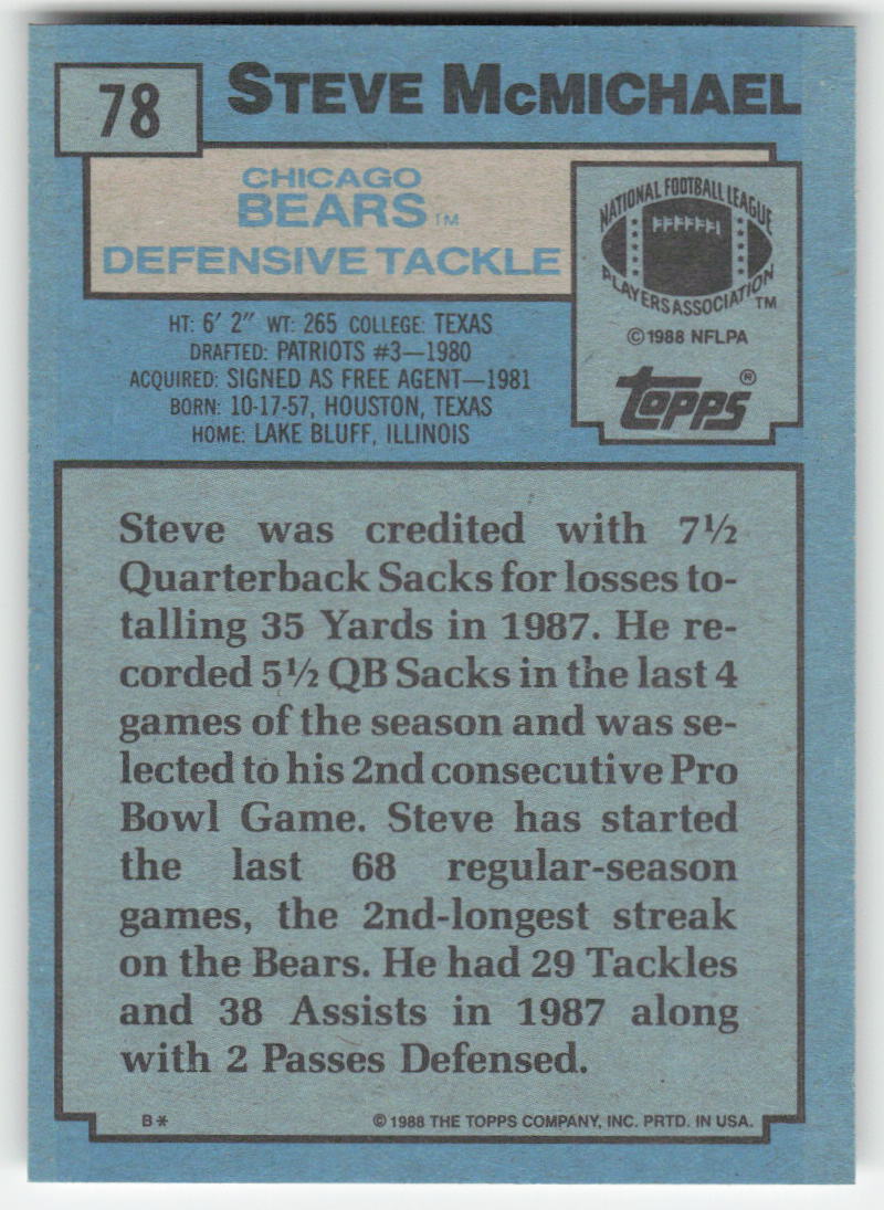 1988 Topps #78 Steve McMichael Chicago Bears FB1-246