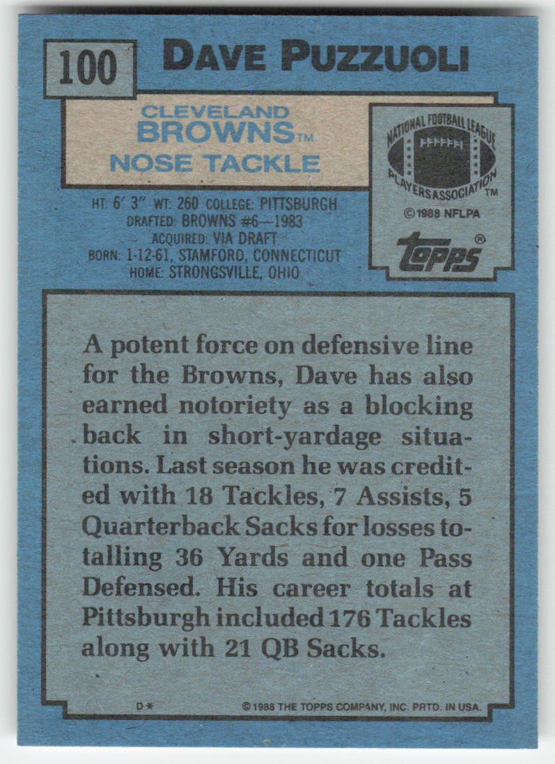 1988 Topps #100 Dave Puzzuoli Cleveland Browns FB1-247