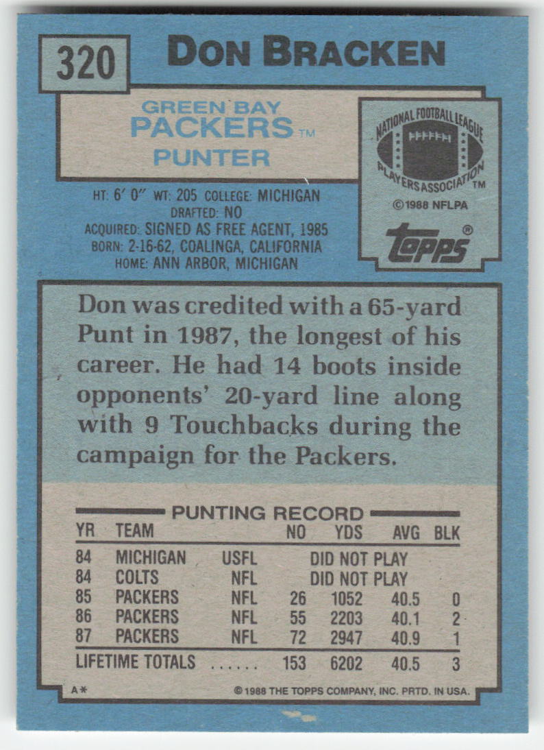 1988 Topps #320 Don Bracken Green Bay Packers Rookie FB1-248