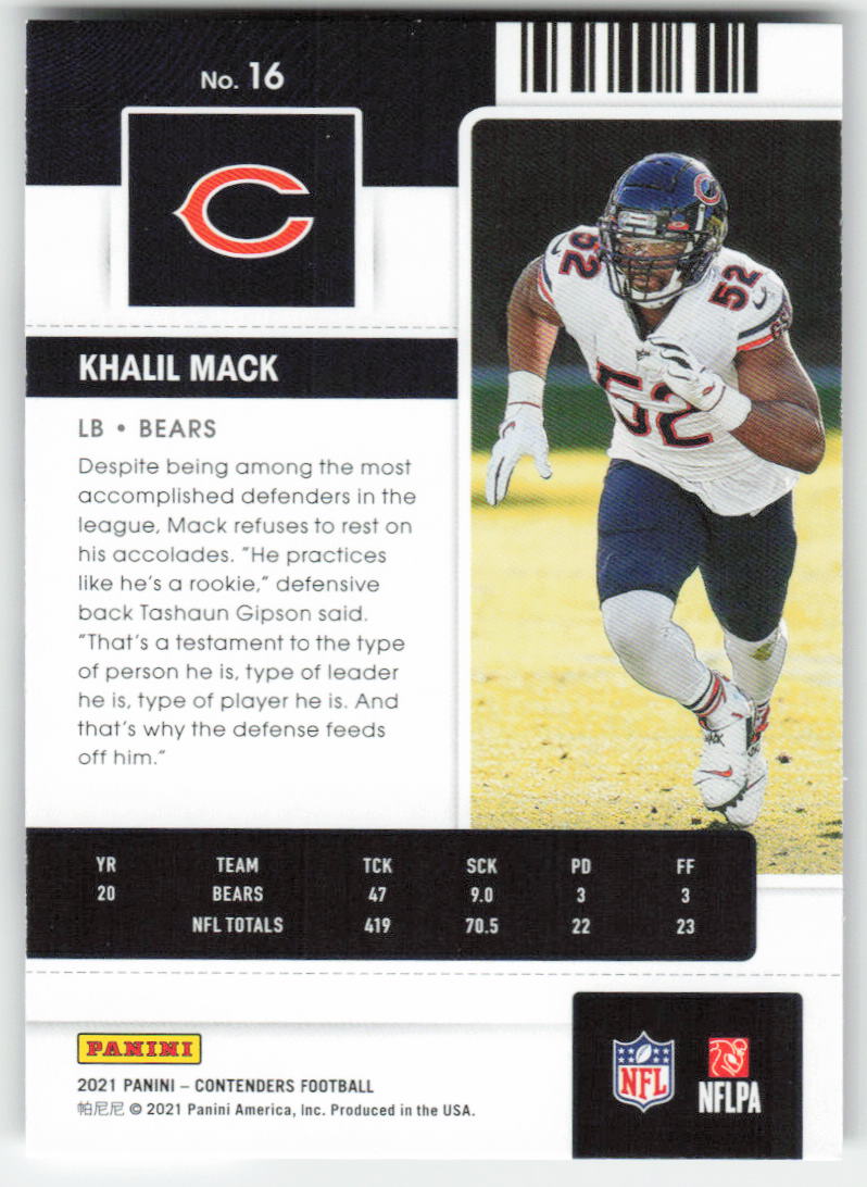 2021 Panini Contenders #16 Khalil Mack Chicago Bears FB1-271