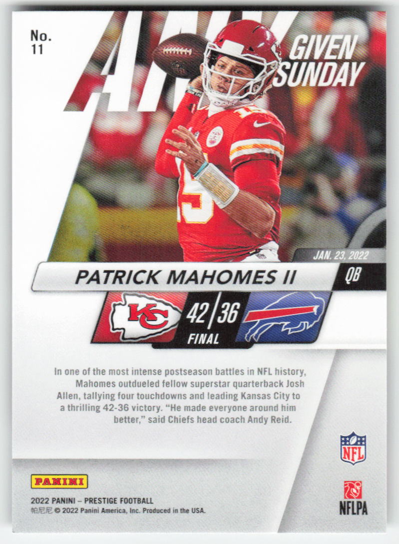 2022 Panini Prestige #11 Patrick Mahomes II Any Given Sunday Chiefs FB1-275