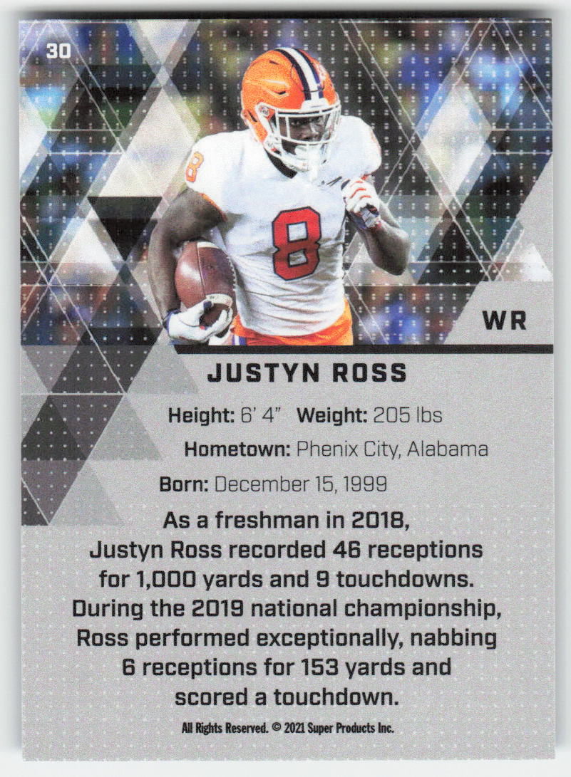 2021 Super Glow Sports #30 Justyn Ross Blue Foil Clemson FB1-282