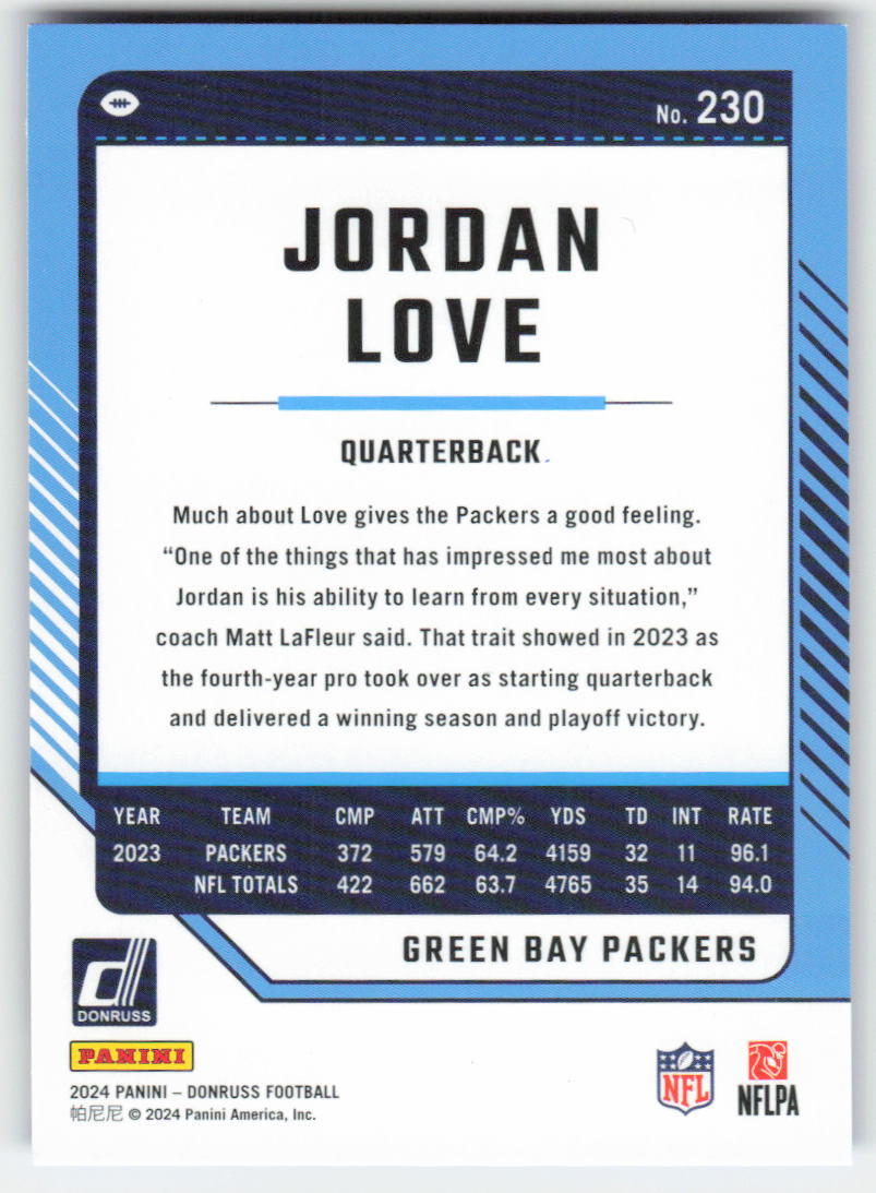 2024 Donruss #230 Jordan Love Press Proof Blue Green Bay Packers FB1-294