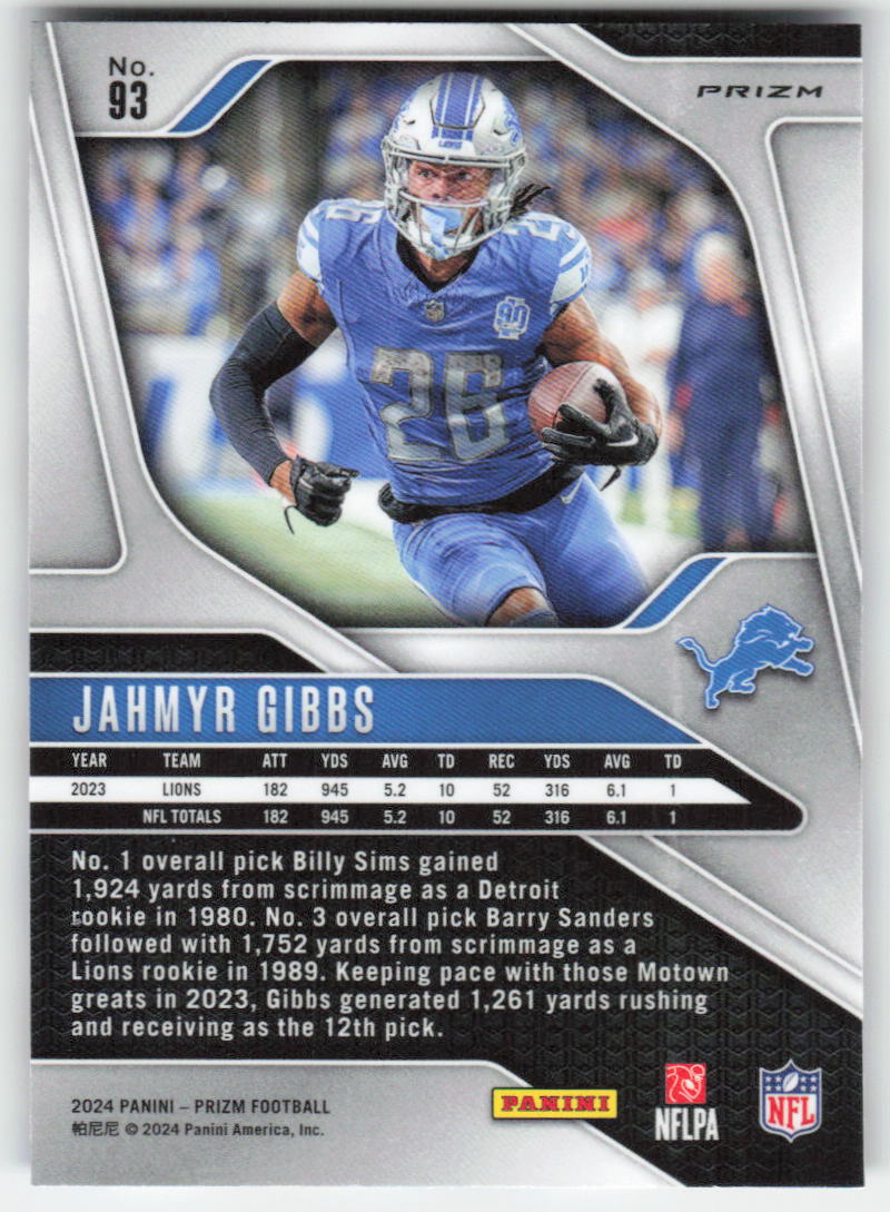 2024 Panini Prizm #93 Jahmyr Gibbs Red White and Blue Detroit Lions FB1-298