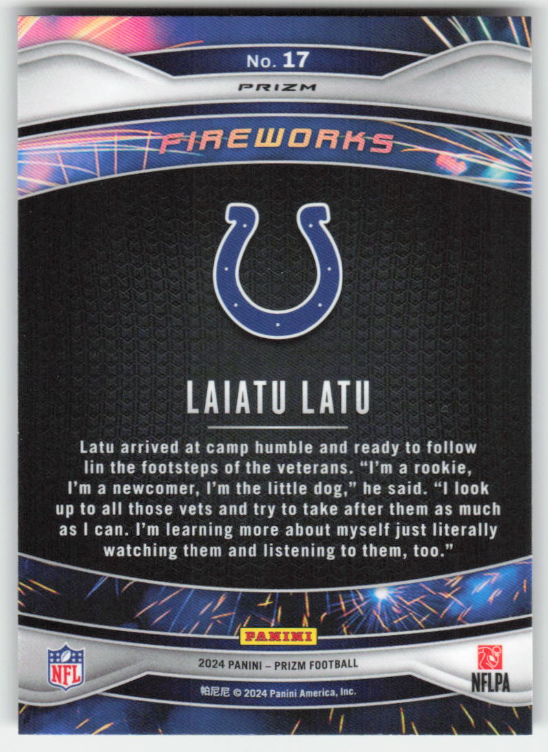 2024 Panini Prizm #17 Laiatu Latu Fireworks Green Prizm Colts FB1-299